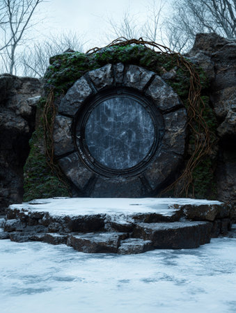 Mysterious stone portal covered in moss in a winter landscape.の素材