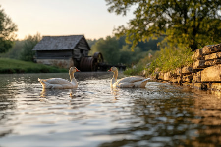 Idyllic rural scene with geese swimming in a stream.の素材