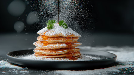 Stack of fluffy pancakes drizzled with syrup and powdered sugar.の素材