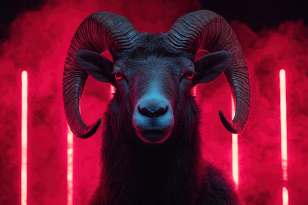 Dramatic ram portrait with red neon lights and smoke.の素材