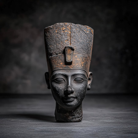 Ancient Egyptian bust of pharaoh, weathered and mysterious.の素材