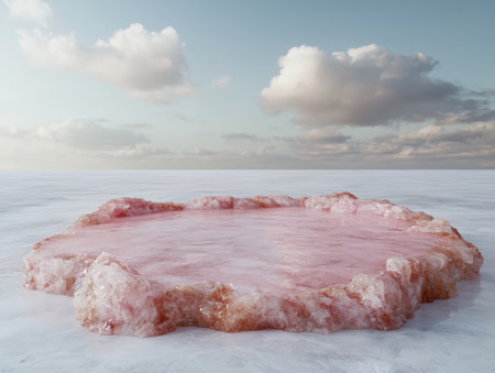 Rose quartz pool reflects the sky in a surreal landscape.の素材
