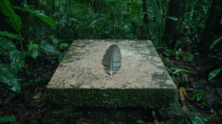 Single feather resting on mossy stone in lush jungle.の素材