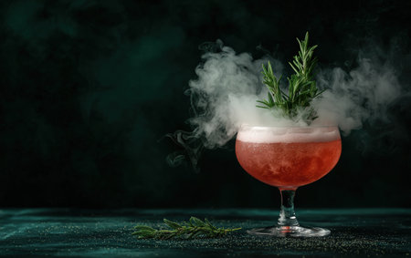 Smoked cocktail with rosemary garnish on dark background.の素材