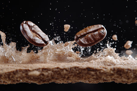 Coffee beans levitating above a splash of coffee grounds.の素材