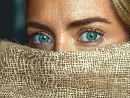 Intense teal eyes peer from behind a textured burlap cloth.の素材