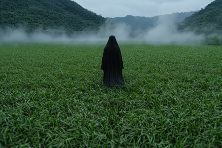 Eerie figure in black robe stands in grassy field.の素材