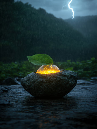 Glowing orb nestled in stone during a rainstorm with lightning.の素材