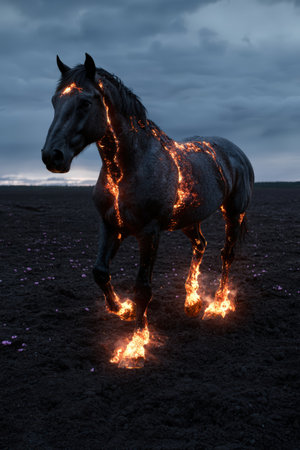 Majestic fiery horse gallops across a dark, barren landscape.の素材