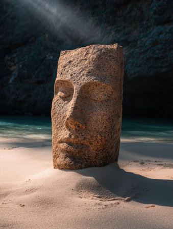 Mysterious stone face sculpture on a tropical beach.の素材
