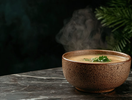 Aromatic bowl of hot soup garnished with fresh parsley.の素材