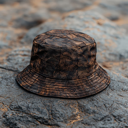 Stylish brown bucket hat resting on a textured rock.の素材