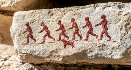 Ancient rock carving depicting human evolution with animal.の素材