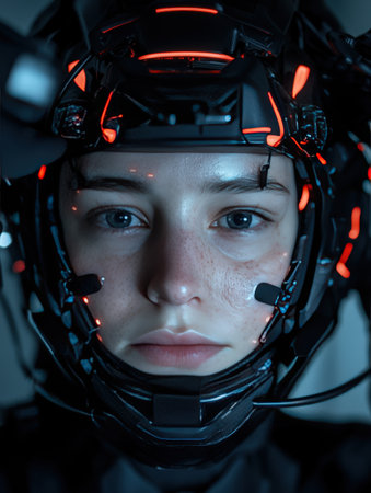 Woman in futuristic cybernetic helmet with red light accents.の素材