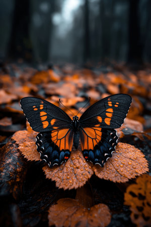 Monarch butterfly rests on autumn leaves in a forest.の素材