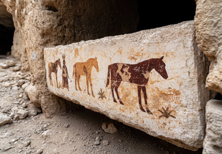 Ancient mural depicting horses and a human figure.の素材