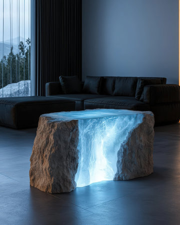 Illuminated stone coffee table in modern living room.の素材