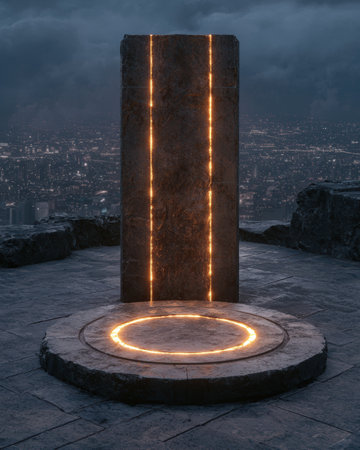 Futuristic monolith glows atop a cityscape vista at night.の素材