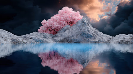 Dreamy landscape with pink cherry blossom tree reflection.の素材