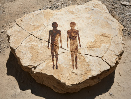 Ancient rock art depicting two human figures outdoors.の素材