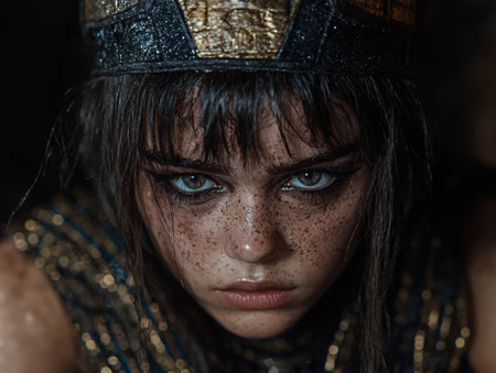 Intense portrait of a woman with striking green eyes.の素材