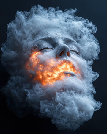 Surreal face engulfed in smoke and fiery light.の素材