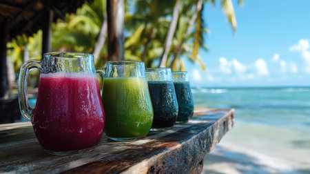 Refreshing tropical fruit juices on a wooden table by the beach.の素材