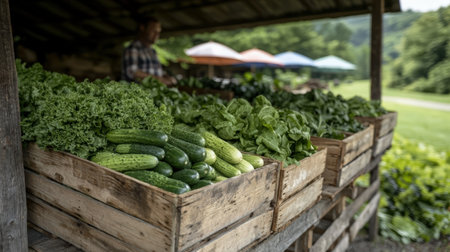 Fresh produce at a vibrant farmers market stand.の素材