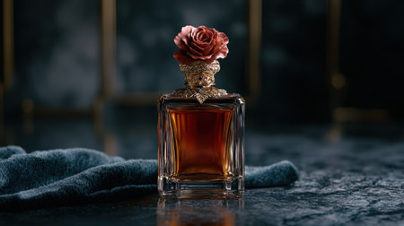 Elegant perfume bottle with rose stopper on marble surface.の素材