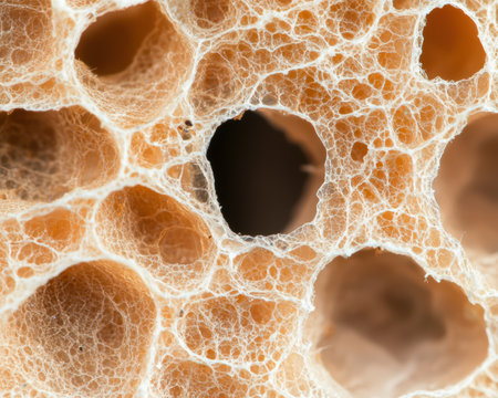 Intricate, porous texture of a natural sponge, close-up view.の素材