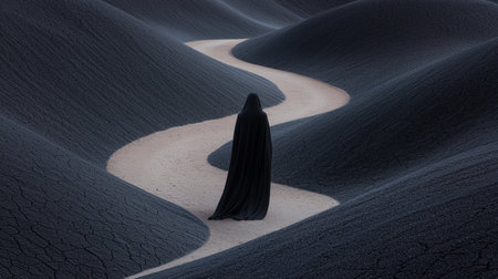 Dark figure walking a winding path through barren hills.の素材
