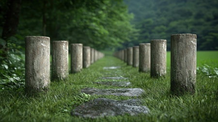 Zen garden path with stone steps and pillars.の素材