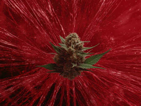 Marijuana bud against a red abstract background.の素材