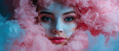 Dreamy woman with face mask surrounded by pink smoke.の素材
