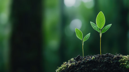 Tiny green seedlings emerge from fertile soil.の素材