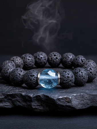 Lava stone bracelet with blue gemstone and smoke.の素材