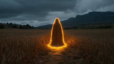 Eerie glowing figure stands in a wheat field at dusk.の素材