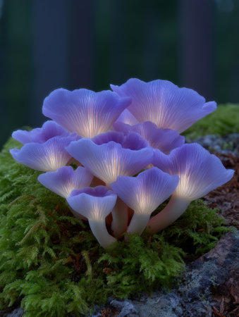 Enchanting cluster of luminous, purple mushrooms on moss.の素材