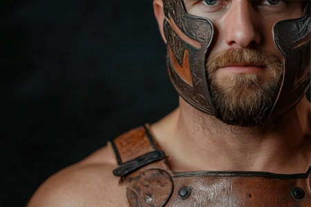 Gladiator portrait with leather armor and helmet detail.の素材