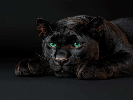 Magnificent black panther with piercing green eyes resting calmly.の素材