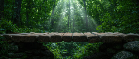 Rustic wooden bridge spans a lush, sunlit forest.の素材