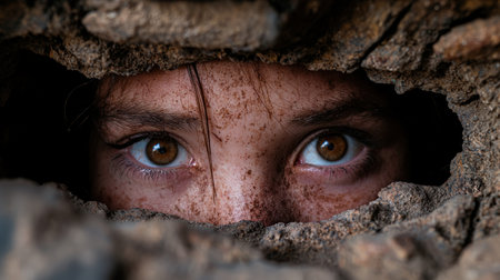 Intense eyes peer through a hole in the wall.の素材