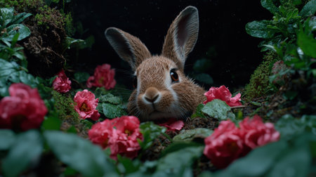 Adorable bunny rabbit nestled among vibrant red flowers.の素材