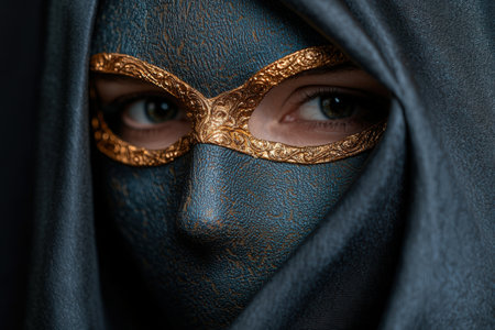 Mysterious woman with golden mask and draped fabric.の素材