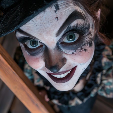Eerie clown with theatrical makeup stares intensely upward.の素材