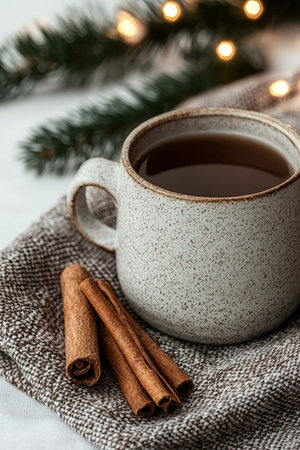 Cozy winter tea with cinnamon sticks and festive decor.の素材