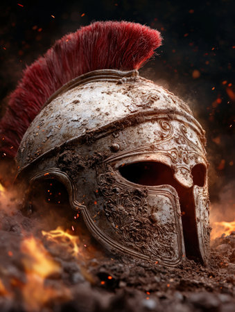 Ancient spartan helmet rests amidst fire and ash.の素材