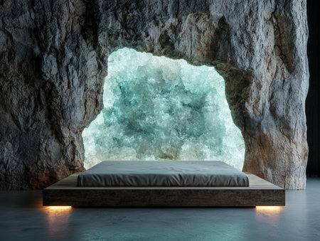 Luxurious bed inside a serene crystal cave setting.の素材