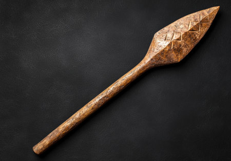 Ornate tribal spear with carved diamond pattern on black.の素材