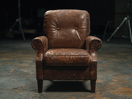 Distressed brown leather armchair in a dark room.の素材